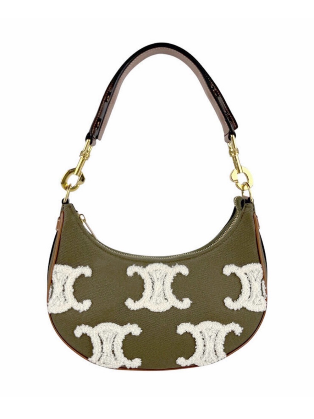 Olive Green Crescent Shoulder Bag with Shearling Motif